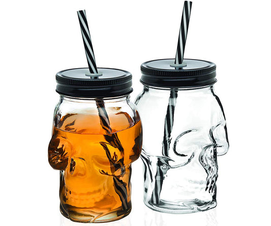 Godinger Skull Mason Jar Mug Glass Tumbler Cup with Cover and Straw - 16oz, Set of 2