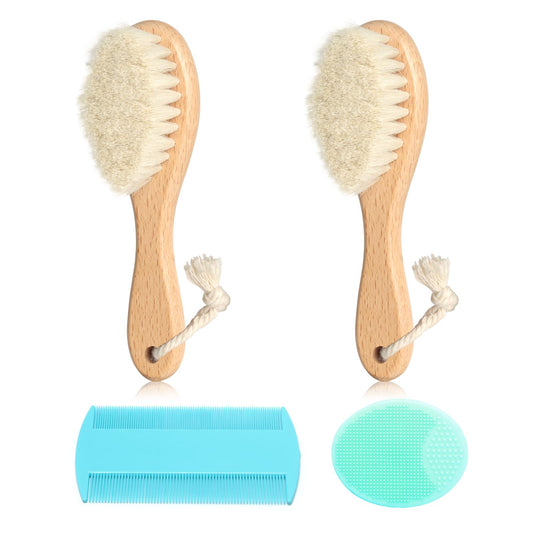 Goat Baby Hair Brush Set, 2pcs Wooden Soft Bristles Brush with Comb and Green Silicone Bath Brush for Newborns Toddlers Safe Natural Hair Care Kit