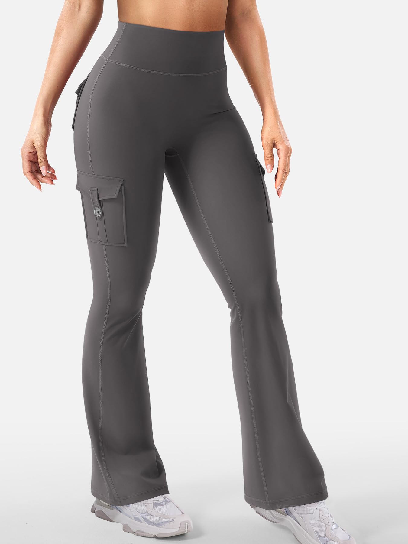 YEOREO CoreFlex Women Workout Flare Leggings with Pockets Hidden Scrunch High Waisted Cargo Gym Yoga No Front Seam Leggings Dark Grey XL