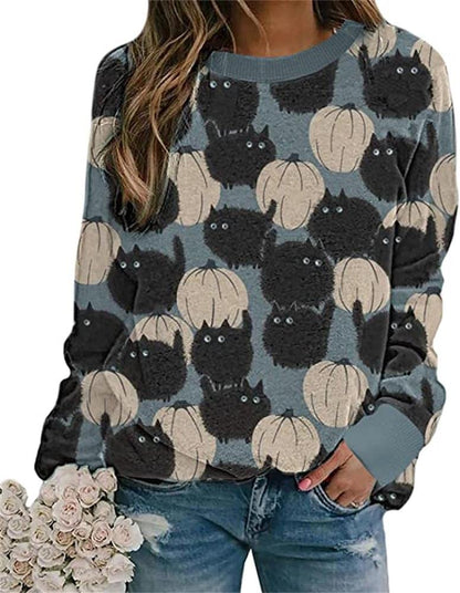 Halloween Shirts for Women Cute Pumpkin Graphic Sweatshirts Long Sleeve Crewneck Sweaters Shirts Loose Fit Blue S