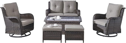 Rilyson Wicker Patio Furniture Set - 6 Piece Rattan Outdoor Sectional Conversation Sets with 2 Swivel Rocking Chairs,2 Ottomans,1 Loveseat and 1 Coffee Table for Porch Deck Garden(Brown/Grey)