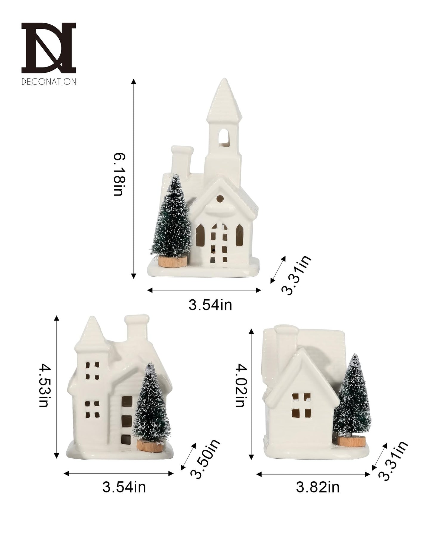 DN DECONATION Light up Christmas Decor Ceramic Village Houses, 3Pcs White Christmas Porcelain Villages with Frosted Trees, Holiday House Figurines Xmas Village Sets for Winter Table Decoration Indoor