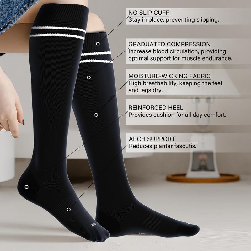 LEVSOX Bamboo Compression Socks for Women&Men 20-30 mmHg Knee High Cute Support Socks for Nurses, Pregnant Women, Travel, 4 Pair-black, XL