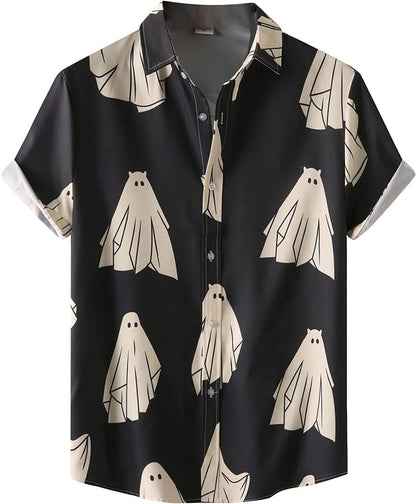 Size L Black Ghost Ghost Halloween Shirt Men Fun Pumpkins Skull Short Sleeve Button Down Hawaiian Holiday Shirts