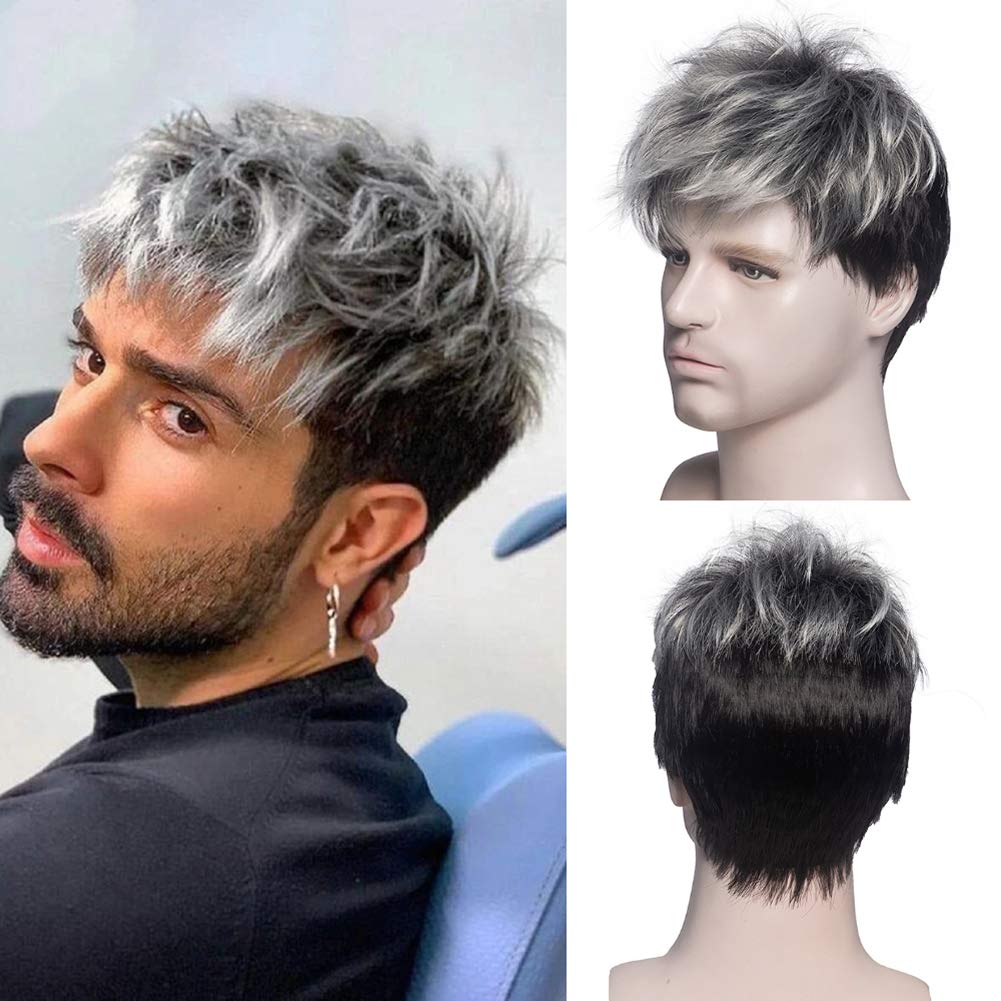 Kaneles Men Short Curly Silver Grey Root Black Cosplay Wig Halloween Costume Male Wig