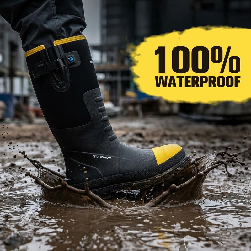 Trudave Rubber Work Boots for Men with Steel Toe & Shank, Waterproof Anti Slip Mud Rain Boots, 6mm Neoprene Warm Outdoor Hunting Boots, Durable Black Rubber Boot for Manufacturing, Construction, Size