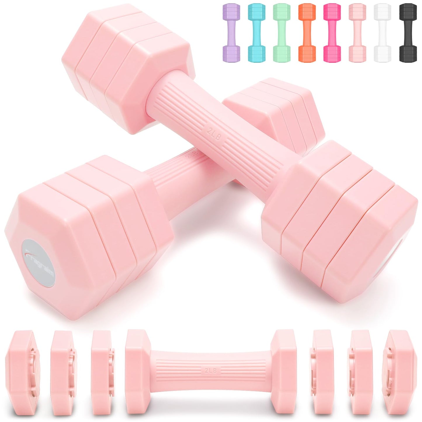 Adjustable Dumbbells Set, 4 in 1 Hand Weights Set for Women Men 10 LB Dumbbell Pair Each 2lbs 3lbs 4lbs 5lbs Weights Dumbbells Set with TPU Soft Rubber Handle for Home Gym Exercise Fitness - Pink