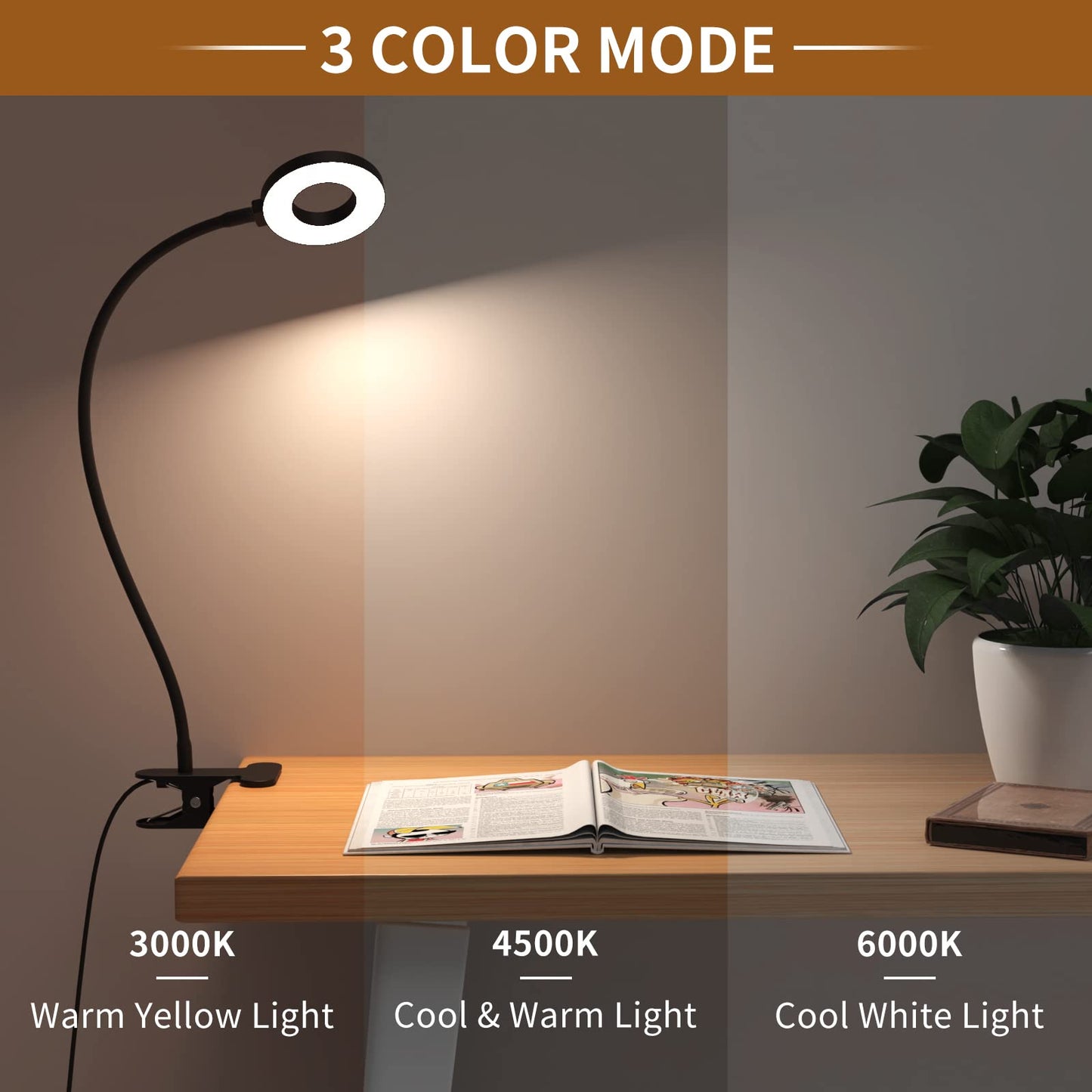iZELL LED Desk Lamp with USB Adapter【3 Color Modes 10 Brightness】 Eye Caring Clip on Clamp Light, 40cm Flexible Gooseneck Book Ring Light for Gaming/Video Conference/Reading, Clip on Table, Headboard