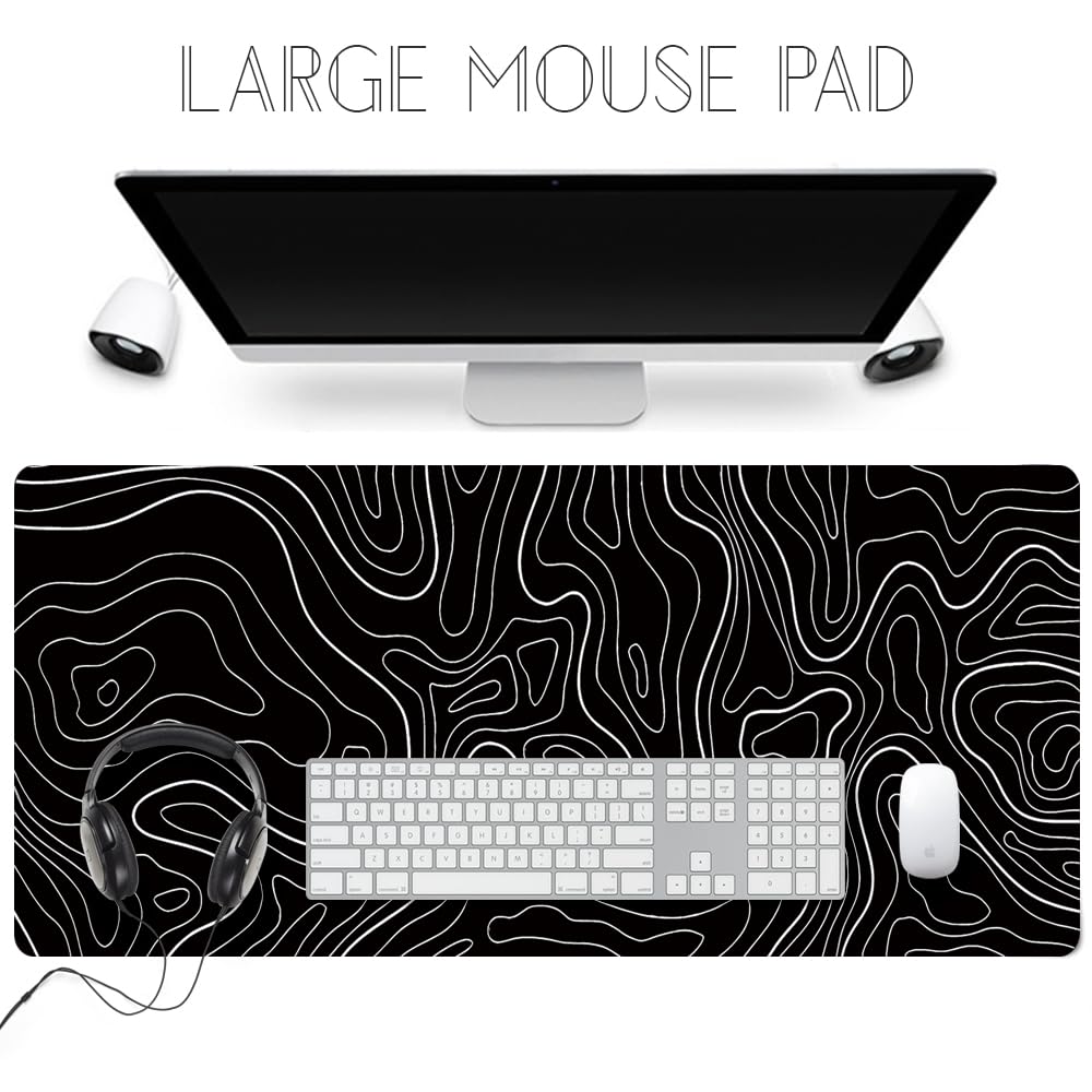 HGWALP Large Gaming TOPO Keyboard Mouse Pad Black Topographic Mouse Pad with Anti-Slip Rubber Base, Extended XXL Long Gaming Mousepad Big Mouse Pads for Desk,31.5 X 11.8 Inch