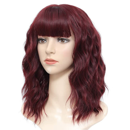 Colorfulpanda Short Bob Wigs for Women Wine Red Wavy Curly Wig with Bangs Natural Synthetic Heat Resistant Hair Wig Cosplay or Daily Use 14 Inch