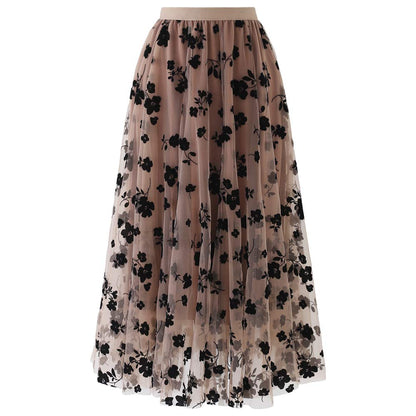 CHICWISH Women's Caramel 3D Posy Double-Layered Mesh Midi Skirt, Size S-M