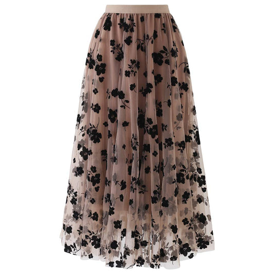 CHICWISH Women's Caramel 3D Posy Double-Layered Mesh Midi Skirt, Size S-M