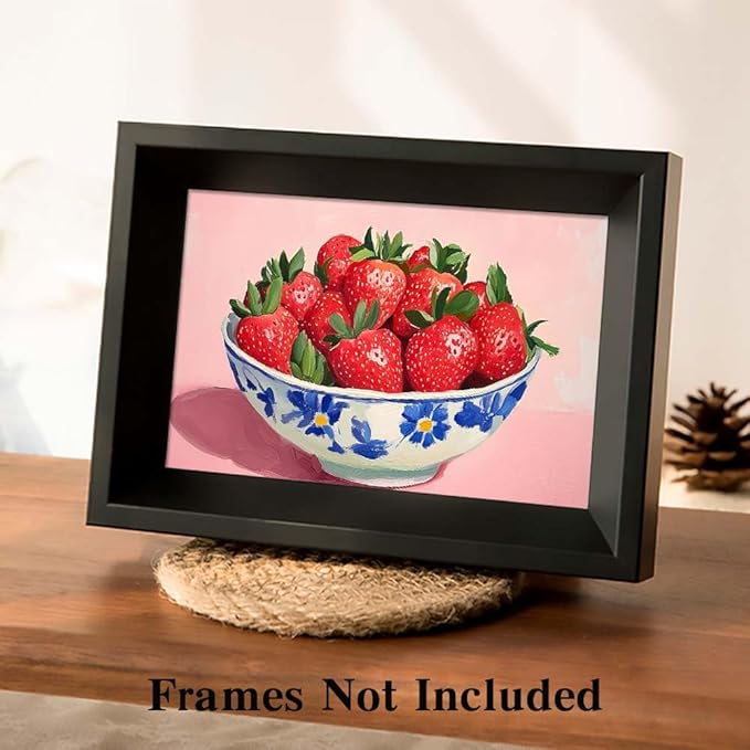 Yesad Strawberry Wall Art Print, Pink Kitchen Wall Décor Fruits Prints Canvas Wall Art Vintage Painting Pictures Modern Wall Décor for Living Room Dining Room Bedroom (Unframed,12”x8”, Strawberry)