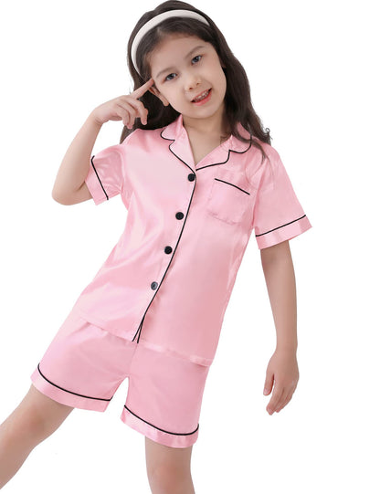 SWOMOG Girls Silk Pyjamas Short Sleeve Sleepwear Two-piece Satin Button-Down PJ Sets Kids Nightwear Summer Pyjama Gifts Pink