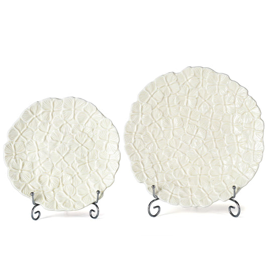 KAMMAK Ceramic Decorative Plate Set of 2, Porcelain Plates for Kitchen Dining Room Wine Cabinet Home Decor, Vintage Collector Plates with 2 Display Stand, Cream-yellow flowers (8-inch + 10-inch)