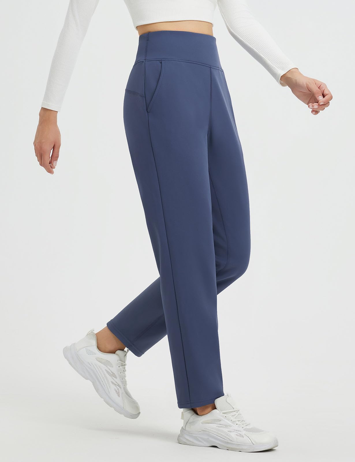 baleaf Women's Fleece Lined Pants Winter Warm Thermal Water Resistant High Waisted Travel Pants Thick Pants Work Golf Casual Navy Blue M