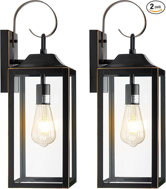 19" Large Outdoor Wall Lights 2 Pack, Black Exterior Light Fixtures, Outdoor Sconces Wall Lighting Porch Lights, Waterproof Wall Lamp for House, Doorway, Garage, Black Metal with Gold Trim