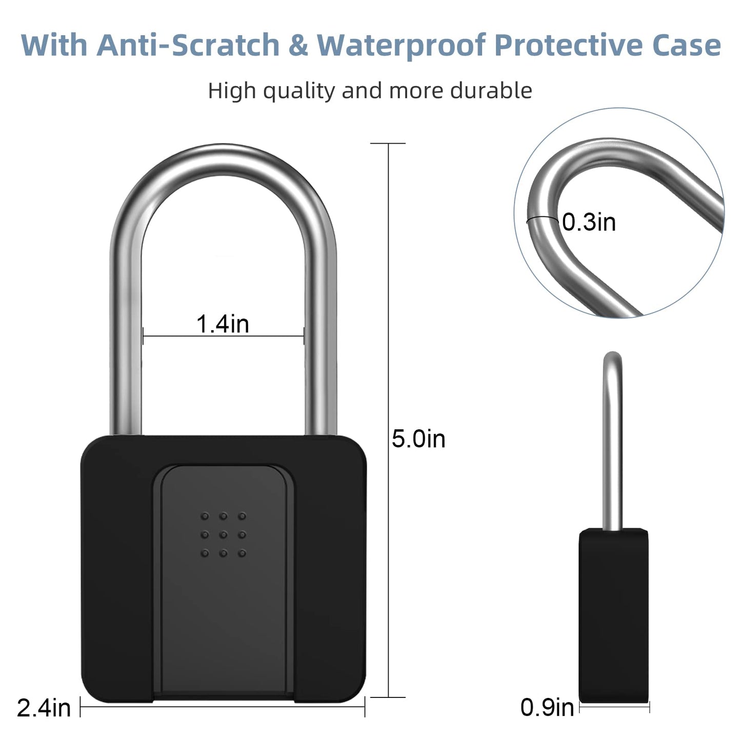 Fingerprint Padlock, Eseesmart Long Shackle Smart Padlock Bluetooth Lock with Mobile APP Outdoor Waterproof Lock with Protective Case for School Gym Locker, Fence, Gate, Toolbox