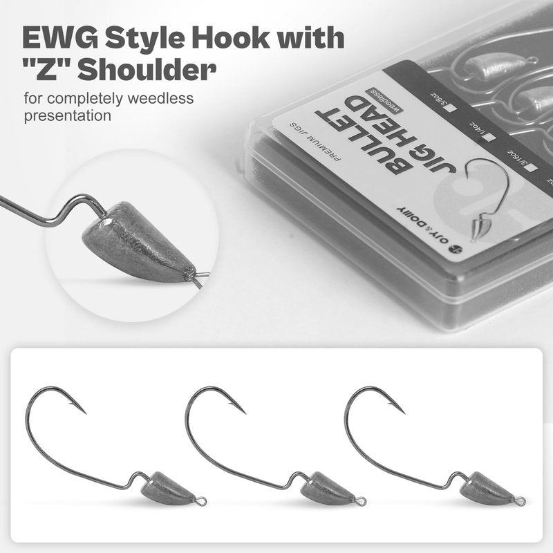Weedless Darter Swimbait Jig Heads, Bullet Style Weighted EWG Offset Hooks for Texas Rig Fishing 1/8 3/16 1/4 3/8oz