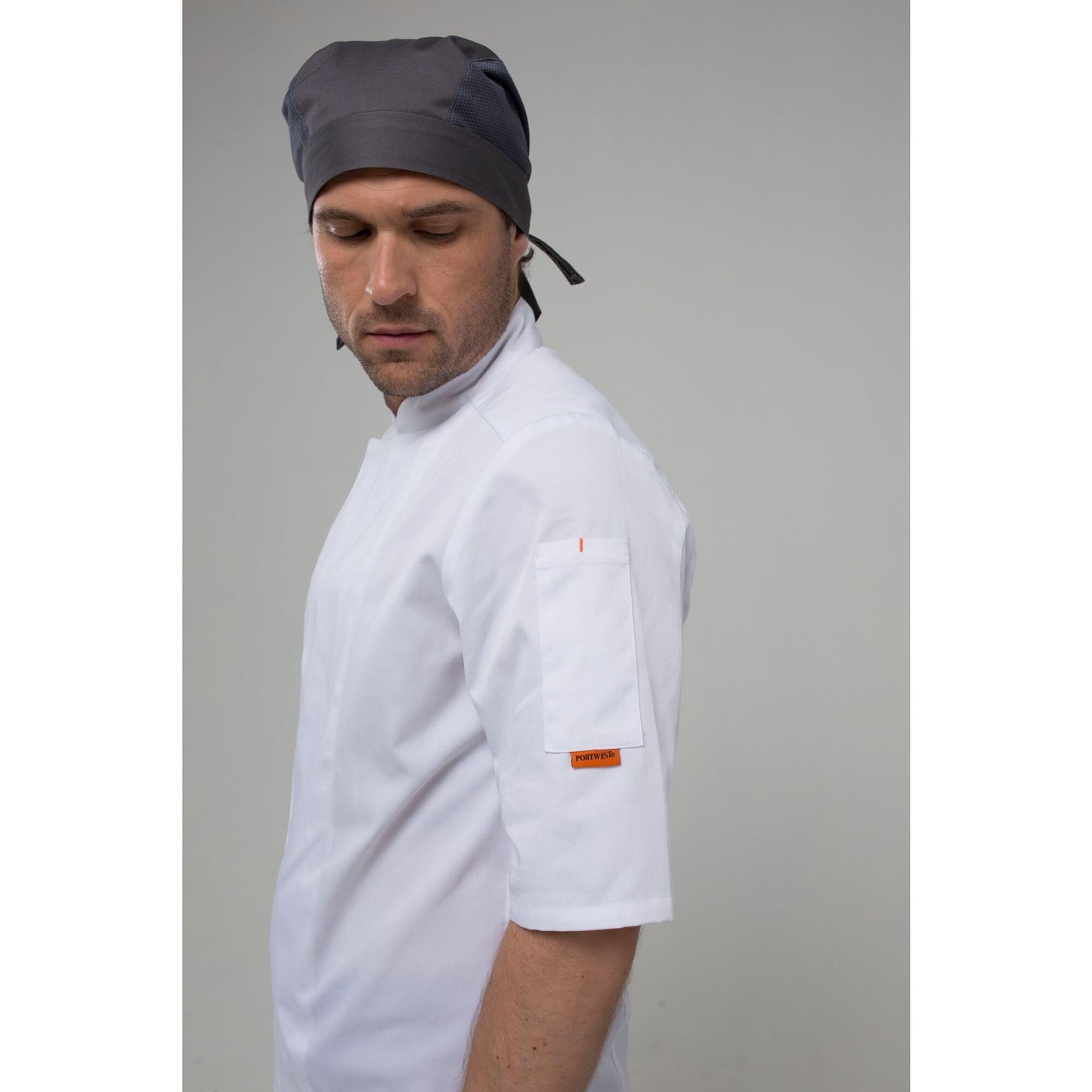 Portwest C738 Men's Mesh Air Pro Chef Jacket Short Sleeve Breathable Durable Slim Fit Texpel Finish Workwear Apron with Sleeve Pocket Machine Washable, White, XL