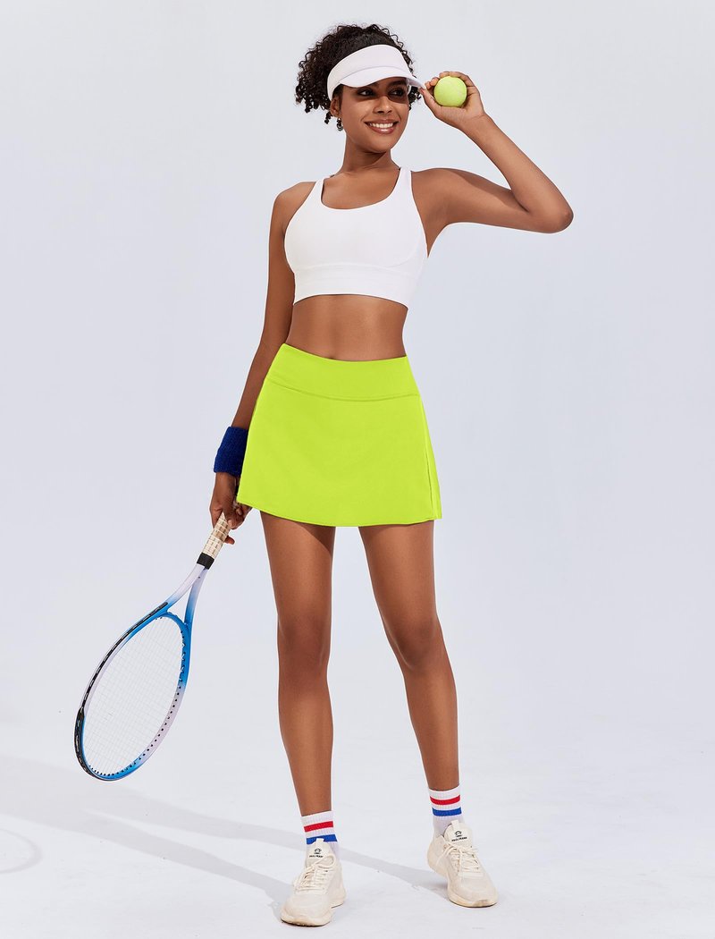 PINSPARK Pleated Tennis Skirts for Women with Shorts Breathable Golf Skorts 14" High Waisted Sport Skirt, Neon Green Medium