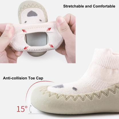 Exemaba Toddler Sock Shoes - Baby First Walking Shoes Soft Sole with Grips for Boys & Girls (Khaki Raccoon, Tag21/6-12 M)