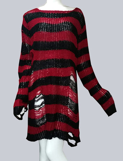 Peaceglad Womens Oversized Goth Punk Ripped Striped Long Sleeve Pullover Sweater Dress Tops(Red1,One Size)
