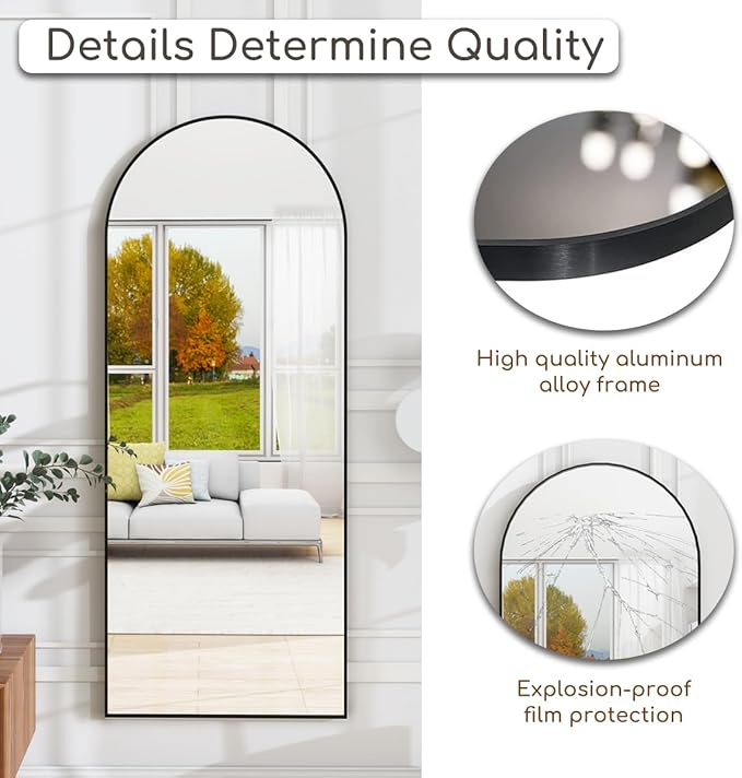 Arched Floor Mirror, 57 "x 20" Full Length Mirror Wall Mirrors Hanging or Leaning Arched-Top Full Body Mirrors with Stand for Bedroom, Dressing Room, Black