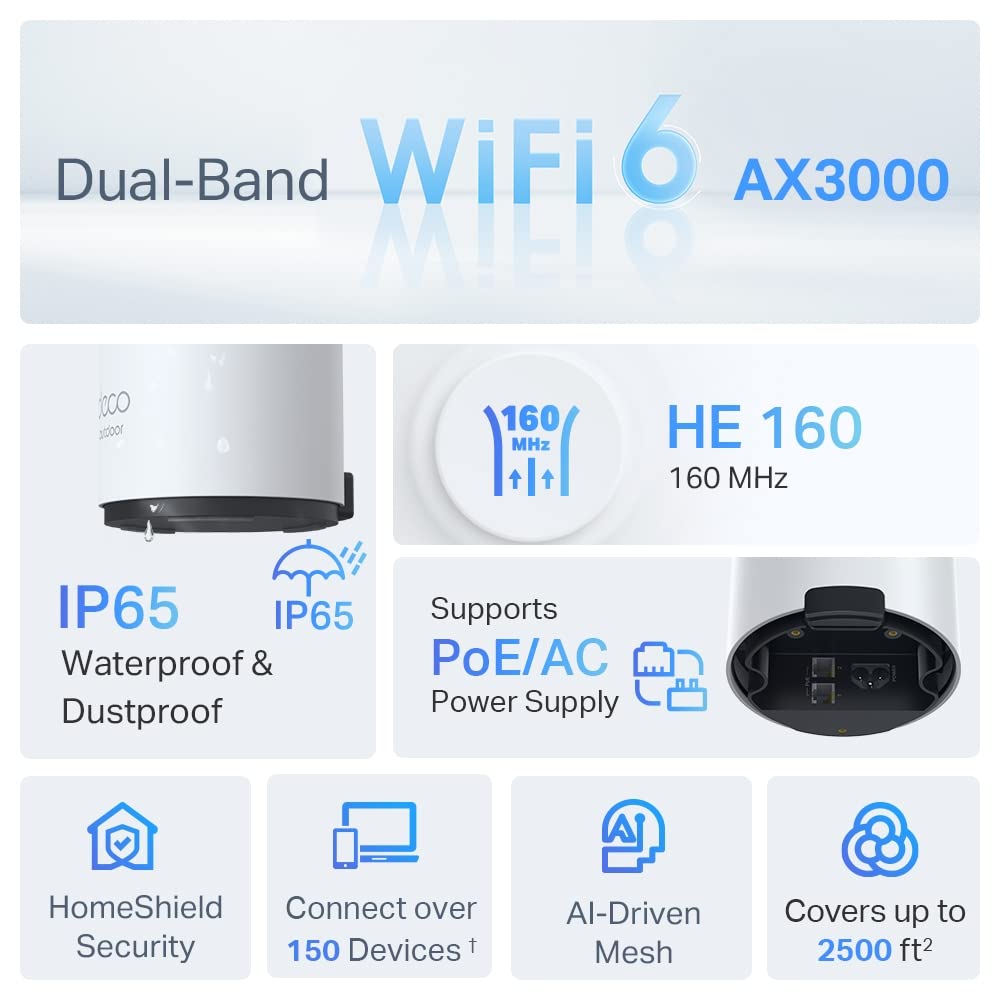 TP-Link Deco X50-Outdoor/Indoor Whole Home Mesh WiFi 6, IP65 Dust & Water Resistance, AI Driven Dual-Band WiFi Booster, Add on Another Deco Mesh Product for Extended Coverage, Works with Alexa