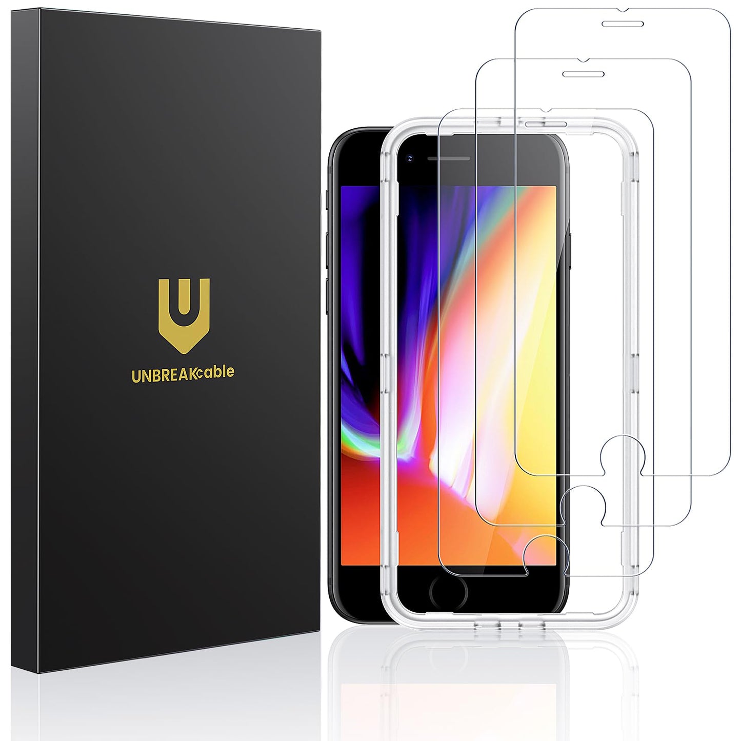 UNBREAKcable Shatterproof Tempered Glass Screen Protector for iPhone SE 2022/SE 2020, iPhone 8/7 [3-Pack] [99.99% HD Clear] [Easy Installation Frame] [9H Hardness][Bubble Free] for Apple 4.7''