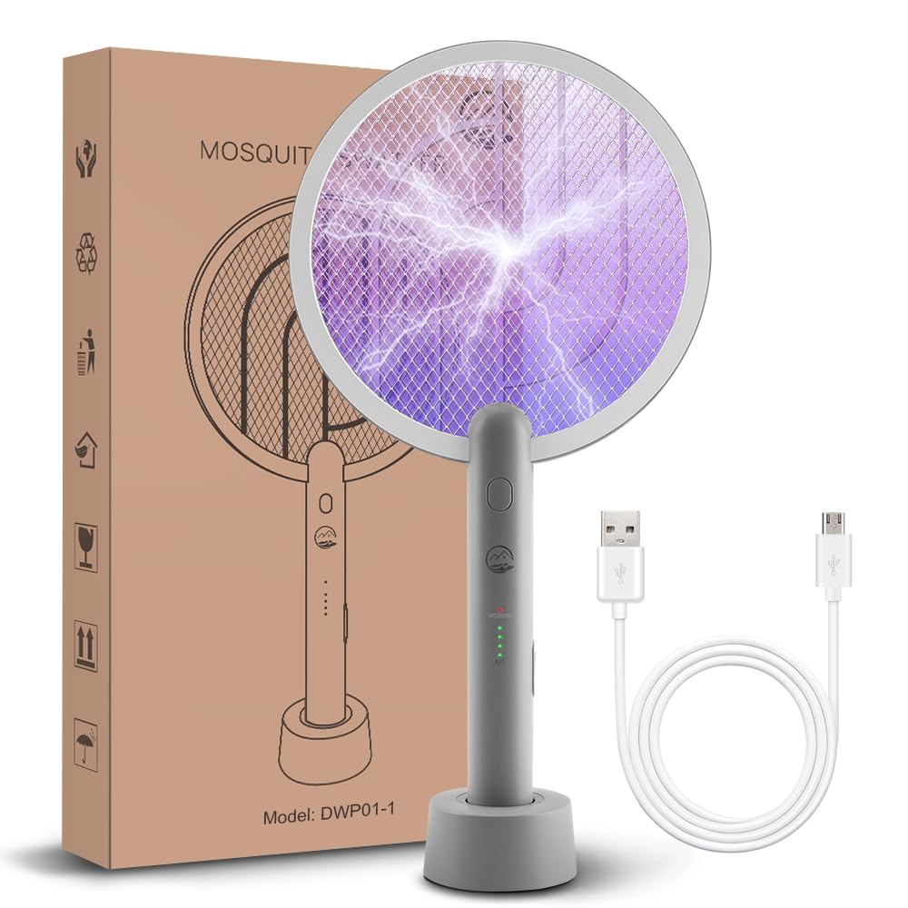 Electric Fly Swatter Racket, Mosiller 2 in 1 Smart Bug Zapper with USB Rechargeable Base, Powerful Mosquitoes Trap Lamp & Fly Killer with 3-Layer Safety Mesh for Home, Bedroom, Kitchen, Patio（1 Pack）