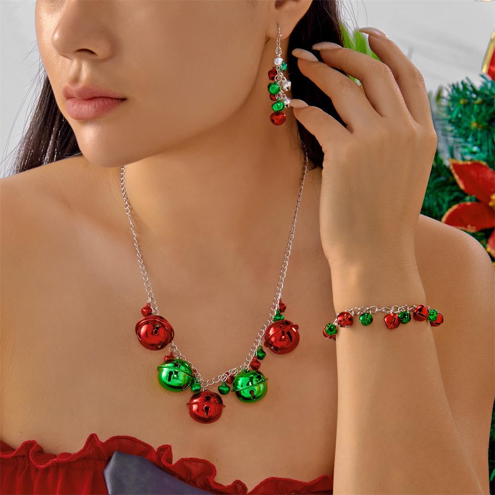 NewZenro Silver Red Green Christmas Jingle Bell Cute Ornament Long Chain Dangle Earrings Bracelets Necklaces for Women Hook Stocking Stuffers Hypoallergenic Party Jewelry Gifts for Daughter BFF Set