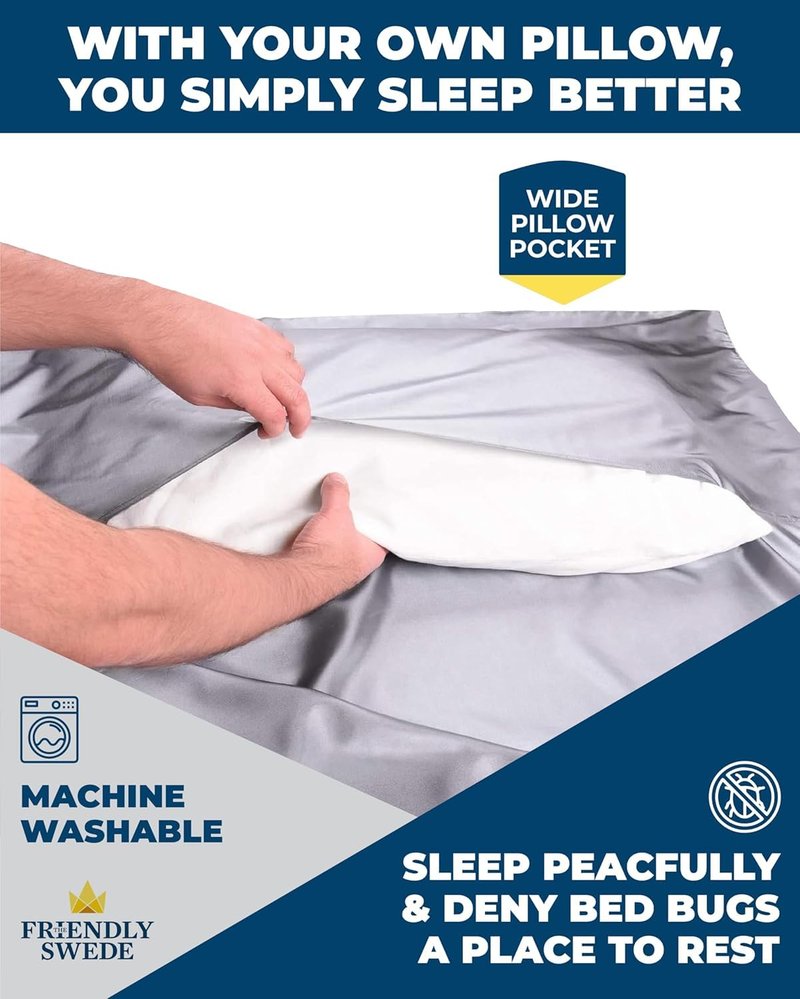The Friendly Swede Sleeping Bag Liner - Adult Sleep Sack with Pillow Pocket, Lightweight Travel Sheets for Hotel, Camping Sheets and Backpacking Stuff Sack, Grey Polyester, Zipper, Double