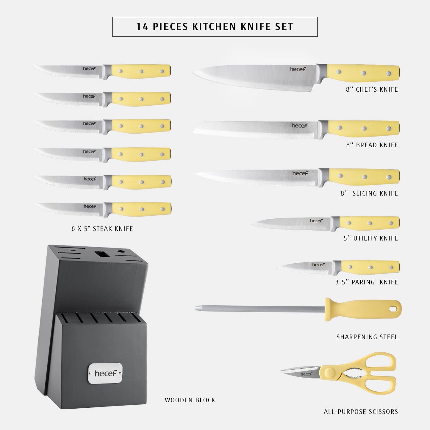 hecef Kitchen Knife Block Set, 14 Pieces Knife Set with Wooden Block & Sharpener Steel & All-purpose Scissors, High Carbon Stainless Steel Cutlery Set (Yellow)