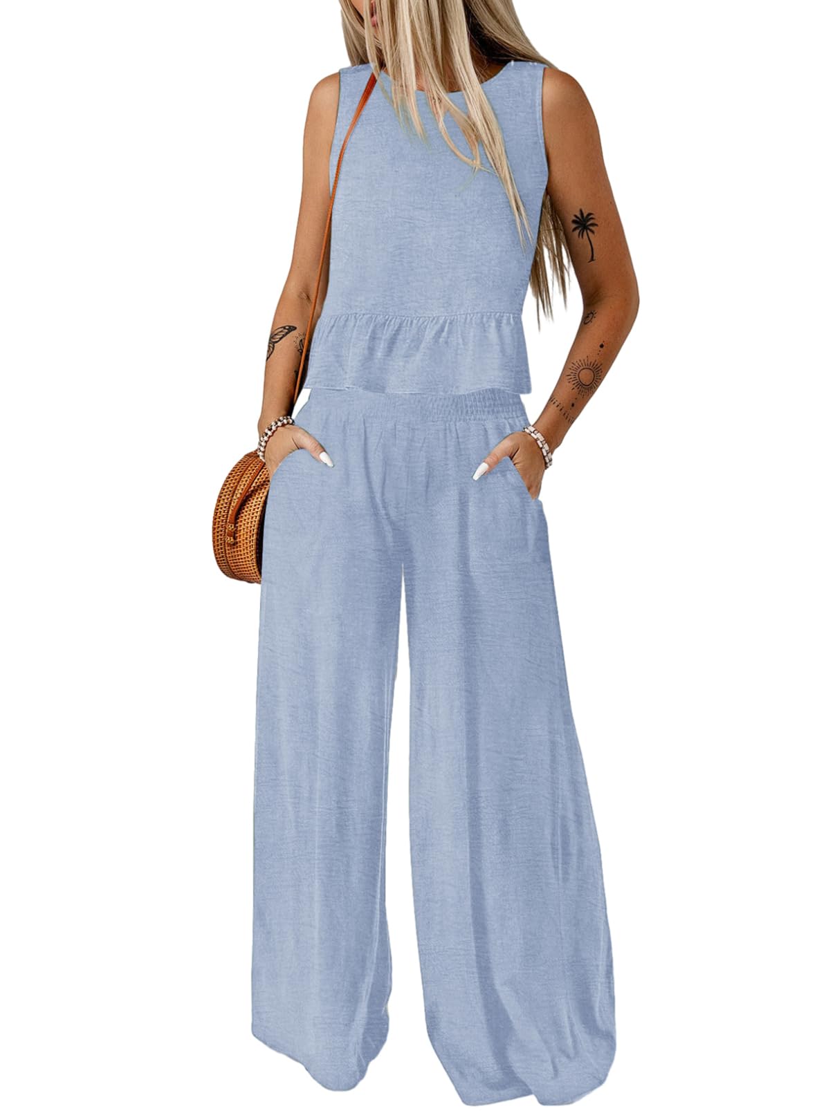 Dokotoo Pants Sets Women 2 Piece Outfits Sleeveless Round Neck Tank Tops Matching Sets for Women Elastic Waist Wide Leg