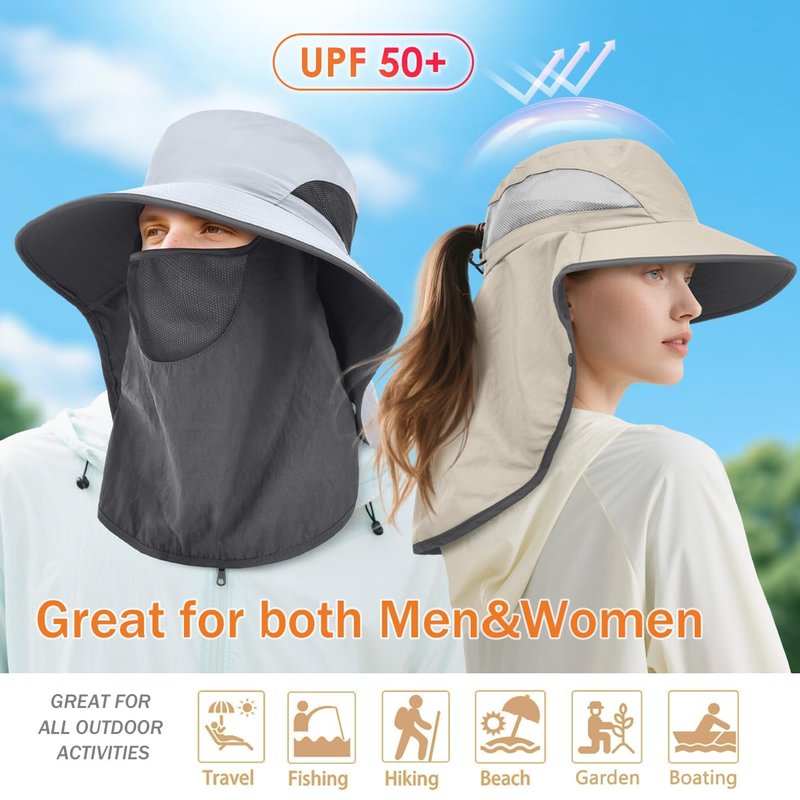 ZEXIAN Men&Women Wide Brim Fishing Ponytail Sun Hat with Removable Face and Neck Flap UPF 50+ UV Protection Safari Cap (US, Alpha, One Size, Khaki)
