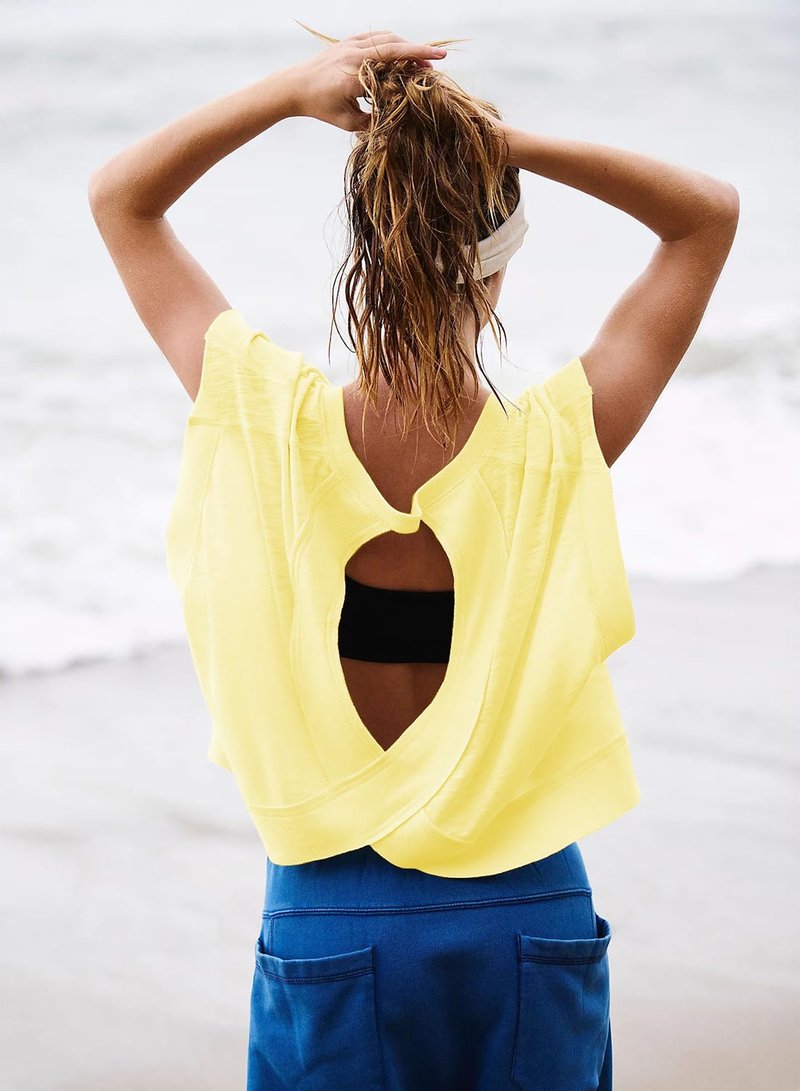 Womens Oversized Tshirts Workout Batwing Sleeve Gym Shirts Boat Neck Slouchy Tees Open Back Athletic Top Deep Yellow S