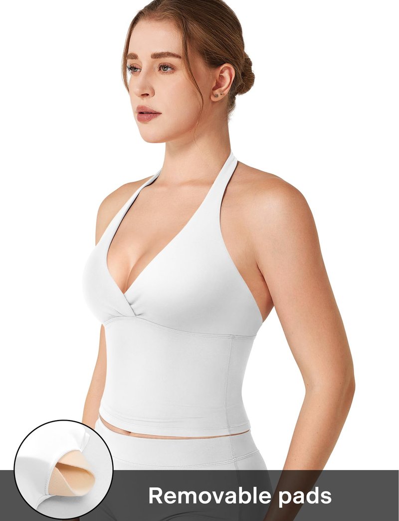 VOYJOY Women's Halter Tank Top Longline V Neck Sleeveless Backless Built in Bra Active Workout Gym Yoga Crop Tops White L