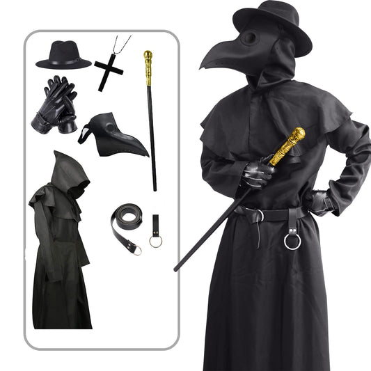ATTBEA Halloween Costume Compatible for Plague Doctors with Bird Beak Mask, Black Cloak Robe with Hood, Medieval Monk Cosplay for Men priest Adults