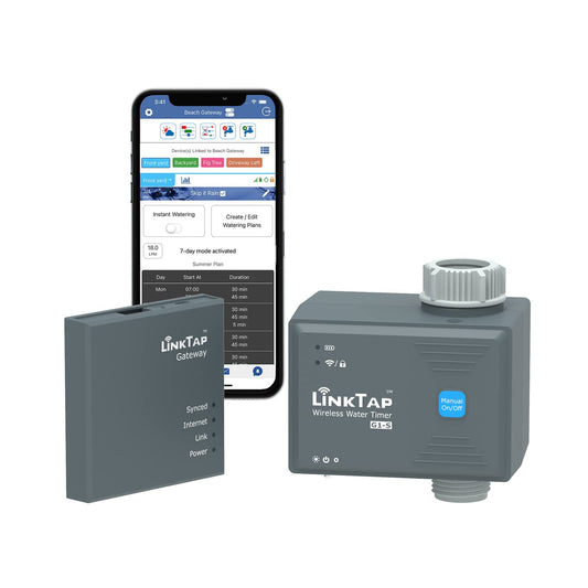 LinkTap G1S Wireless Water Timer & Gateway - Smart Sprinkler Timer with App, Remote Irrigation for Garden, Weather Aware, Greater Range Than WiFi, Anti-Freeze Protection, 2 Year Battery Life, IP66