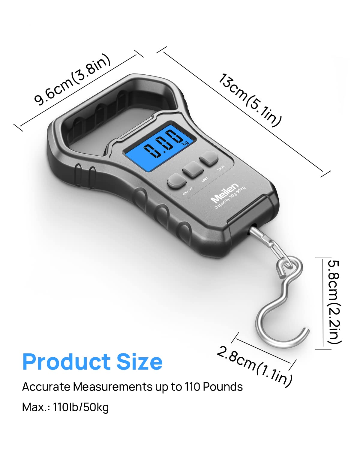Meilen Fish Scale,110lb/50kg,Hanging Luggage Scale, Fishing Wighting Divice with Backlit LCD Display, Measuring Luggage Weight for Suitcase, Large Handle, Digital Postal Scale Fishing Gifts for Men