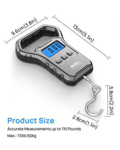 Meilen Fish Scale,110lb/50kg,Hanging Luggage Scale, Fishing Wighting Divice with Backlit LCD Display, Measuring Luggage Weight for Suitcase, Large Handle, Digital Postal Scale Fishing Gifts for Men