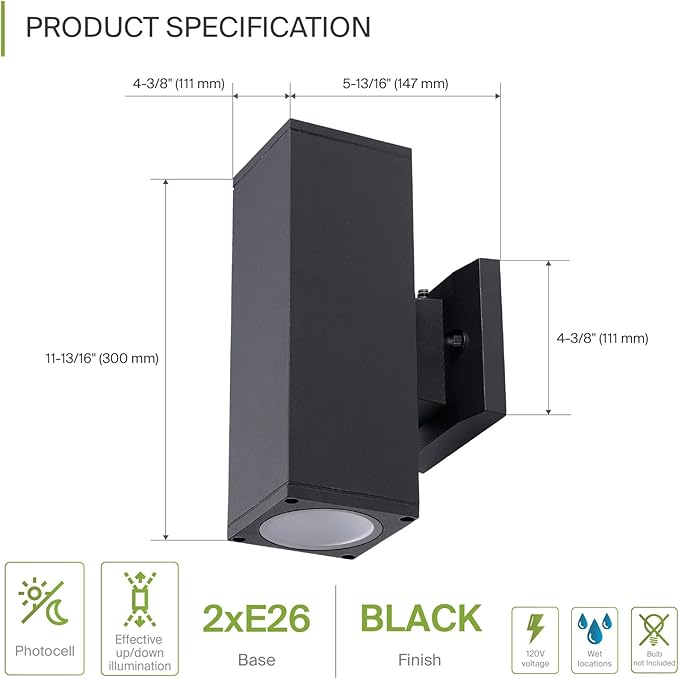 ASD 2 Light Square Dusk to Dawn Outdoor Wall Light Fixture | 120W E26 Bulb Socket 120V ETL Cylinder Up Down Lights | LED/CFL/Incandescent Bulb Wall Sconce | Front Door, Porch, Patio | Black, 2 Pack