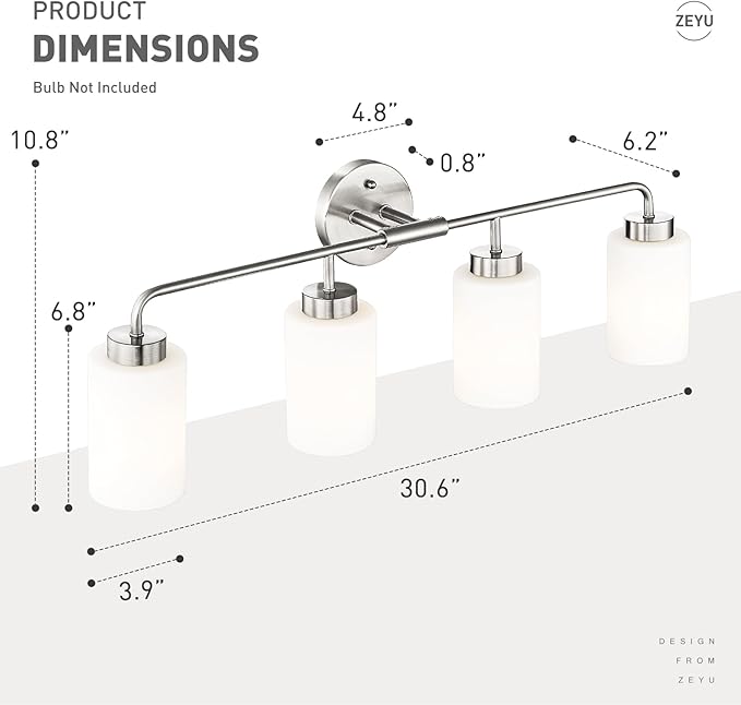 zeyu Brushed Nickel Bathroom Vanity Light, 4-Light Modern Wall Sconce Lights, Milky White Frosted Glass Shades, ZS62B-4W BN