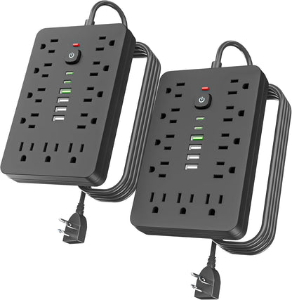 6 FT Flat Plug Surge Protector Power Strip,11 Multiple AC Outlets with 6 USB Ports (2 USB C), 6 Feet Extension Cord, 1250W/10A, One Touch Switch Button, 17 in 1 Compact powerstrip