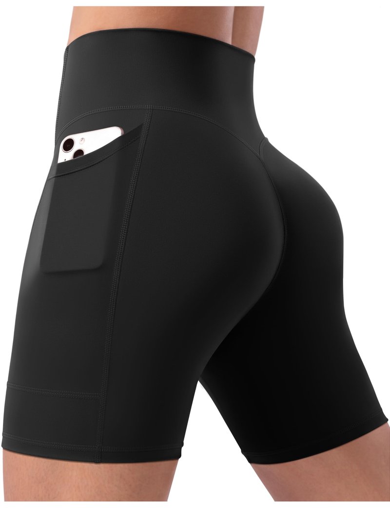 POSHDIVAH Women's Creamluxe Yoga Shorts with Pockets - 6" High Waisted Spandex Workout Running Volleyball Biker Shorts, Black Medium