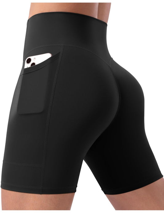 POSHDIVAH Women's Creamluxe Yoga Shorts with Pockets - 6" High Waisted Spandex Workout Running Volleyball Biker Shorts, Black Medium