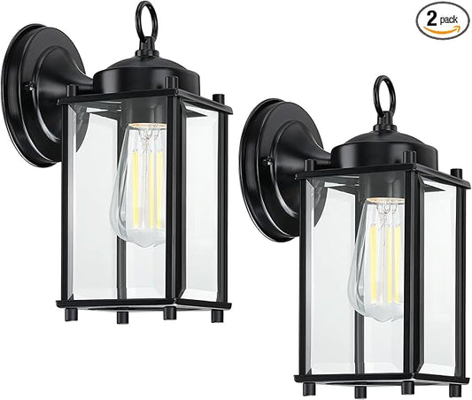Outdoor Wall Light, Exterior Lighting Fixture Wall Lantern, Black Porch Light Fixture with Clear Beveled Glass, Outdoor Wall Sconce Waterproof Anti-Rust E26 Socket for Front Door, 2 Pack