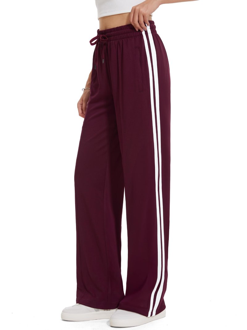 Tapata Extra Tall Woman 36" Inseam Stripes Sweat Pant High Waisted Drawstring Gym Exercise Lounge Joggers, Burgundy, S