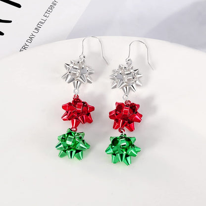Christmas Earrings for Women, Cute Green Christmas Gift Bow Dangle Earring, Holiday Crazy Party Drop Stud Earrings (Colorful Bow)